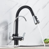 Küchenarmatur mit Wasseraufbereitung, schwenkbarem Auslauf und Warm-Kalt-Mischer in Schwarz