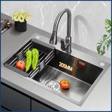 Luxuriöses, schwarzes, multifunktionales Küchenspülbecken – Edelstahl 304 | 68 oder 75 cm | Mit ausziehbarem Flying Rain-Wasserhahn und Zubehör