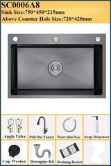 Luxuriöses, schwarzes, multifunktionales Küchenspülbecken – Edelstahl 304 | 68 oder 75 cm | Mit ausziehbarem Flying Rain-Wasserhahn und Zubehör