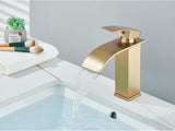 GoldCascade Waschtischarmatur – Gebürstete Goldarmatur für Waschbecken | Eleganter Wasserfallauslauf | Einhebel-Mischbatterie aus Edelstahl