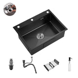 Edelstahl-Küchenspüle, Einzelbecken, dunkelgraues Waschbecken mit Küchenarmatur und Abflusszubehör