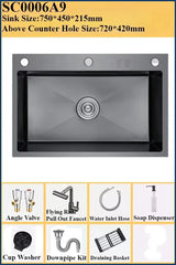 Luxuriöses, schwarzes, multifunktionales Küchenspülbecken – Edelstahl 304 | 68 oder 75 cm | Mit ausziehbarem Flying Rain-Wasserhahn und Zubehör