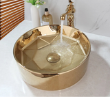 Luxuriöses handbemaltes Keramikwaschbecken mit goldenem Wasserhahn – rund | Tischmodell | Inklusive Pop-Up-Ablauf