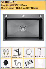 Luxuriöses, schwarzes, multifunktionales Küchenspülbecken – Edelstahl 304 | 68 oder 75 cm | Mit ausziehbarem Flying Rain-Wasserhahn und Zubehör