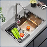 Luxuriöses, schwarzes, multifunktionales Küchenspülbecken – Edelstahl 304 | 68 oder 75 cm | Mit ausziehbarem Flying Rain-Wasserhahn und Zubehör
