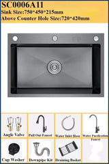 Luxuriöses, schwarzes, multifunktionales Küchenspülbecken – Edelstahl 304 | 68 oder 75 cm | Mit ausziehbarem Flying Rain-Wasserhahn und Zubehör