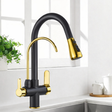 Küchenarmatur mit Wasseraufbereitung, schwenkbarem Auslauf und Warm-Kalt-Mischer in Schwarz