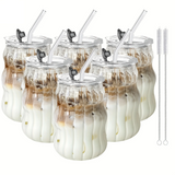 RillenGlas Trinkbecher-Set – 2/4 Wiederverwendbare Glasbecher mit Deckel & Trinkhalm | Spülmaschinengeeignet | Für Eiskaffee, Matcha & Saft