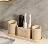 AureliaStone Luxus Badset aus Kalkstein – Zahnbürstenhalter, Seifenspender &amp; Ablage