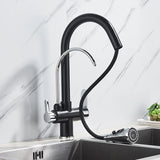 Küchenarmatur mit Wasseraufbereitung, schwenkbarem Auslauf und Warm-Kalt-Mischer in Schwarz