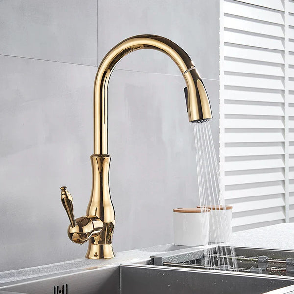 Goldener Küchenhahn mit ausziehbarer Brause – Messing | Warm- und Kaltwasser