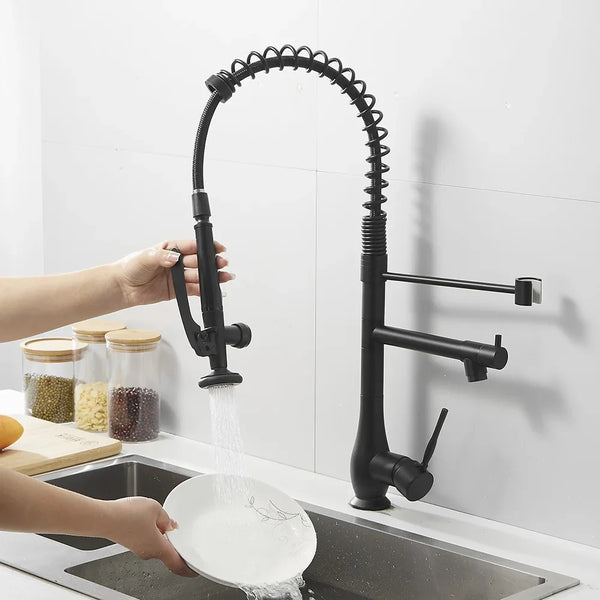 Ausziehbarer Küchenhahn | Nickel Gold | Warmes und kaltes Wasser | Einhebelmischer