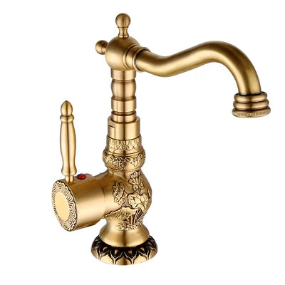 Antiker Messing-Waschtischhahn – Graviert | Einhebelmischer | Warmes und kaltes Wasser