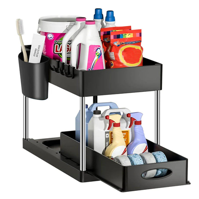 SlideEase 2-stufiger Organizer – Ausziehbarer Untergiebel-Organizer mit Korb, Haken und Bechersystem