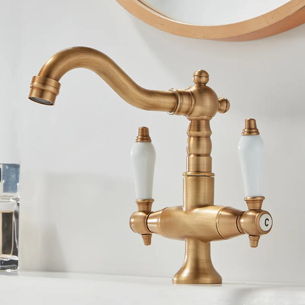 Antiker Messing-Wasserhahn im Industriestil, Einloch-Doppelgriff