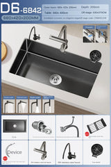 Luxus-Wasserfall-Küchenspüle – Schwarzer Edelstahl | Einzelkugel | Unterbau | Inklusive Wasserhahn und Seifenspender