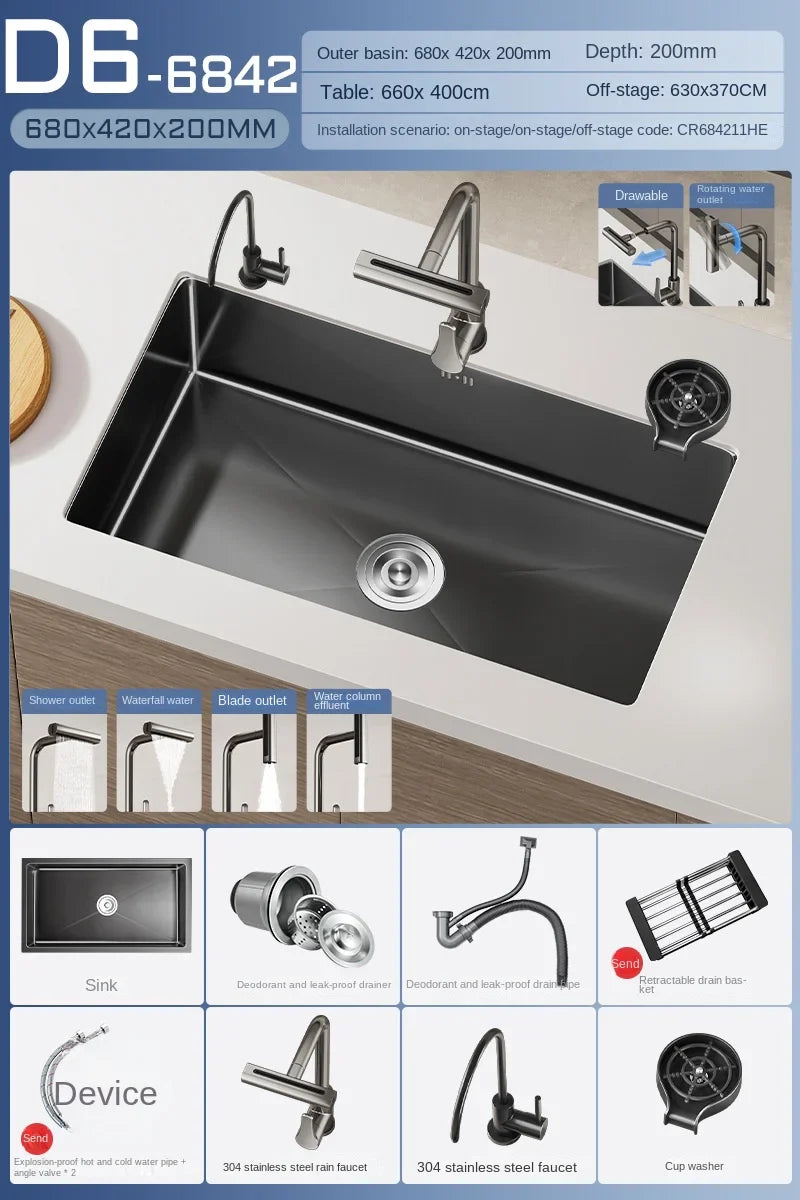 Luxus-Wasserfall-Küchenspüle – Schwarzer Edelstahl | Einzelkugel | Unterbau | Inklusive Wasserhahn und Seifenspender