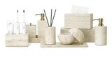 TraveraStone Luxury Travertin Badezimmer-Accessoires Set – Elegantes Naturstein Bad-Set mit Seifenspender, Zahnbürstenhalter & Tablett
