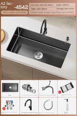 Luxus-Wasserfall-Küchenspüle – Schwarzer Edelstahl | Einzelkugel | Unterbau | Inklusive Wasserhahn und Seifenspender