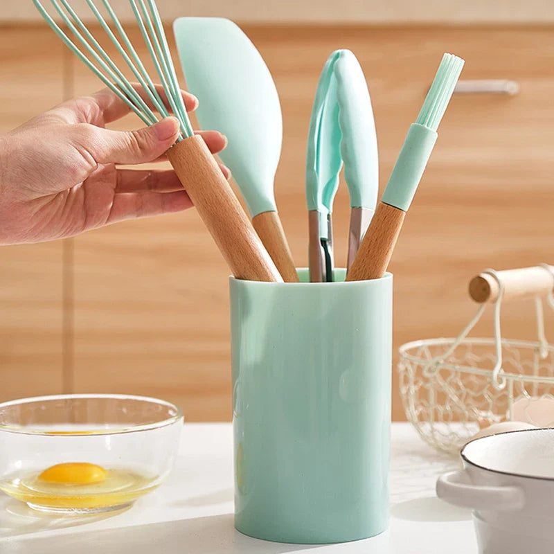 ChefEase – 12-delige Siliconen Keukengerei Set met Houten Handvat