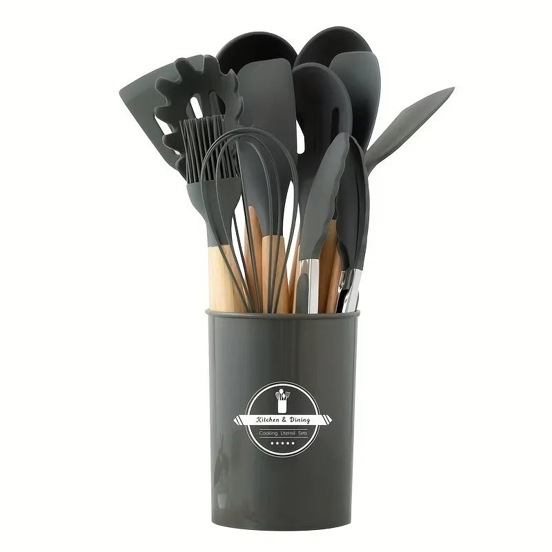 ChefEase – 12-teiliges Silikon-Kochutensilien-Set mit Holzgriffen