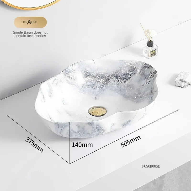 Ovales Keramikwaschbecken mit Marmormuster – Tischmodell | Leichtes Luxusdesign | 12L