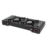 CampingFlamme Doppelkocher – Tragbarer 2-Flammen-Gaskocher mit Piezozündung | 2.5 kW & Butan-/Flüssiggasbetrieb | Mit Grillplatte und Transportkoffer