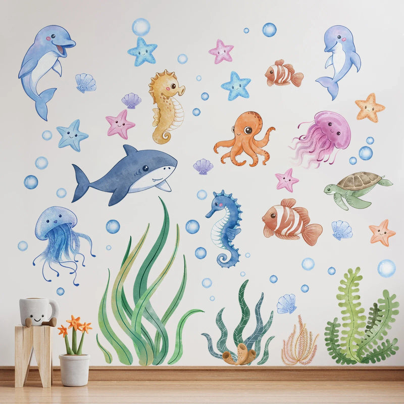 SeaWorld Wandtattoos Unterwasserwelt – Meerestiere Kinderzimmer Aufkleber mit Schildkröte, Delfin & Fisch