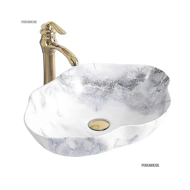 Ovales Keramikwaschbecken mit Marmormuster – Tischmodell | Leichtes Luxusdesign | 12L
