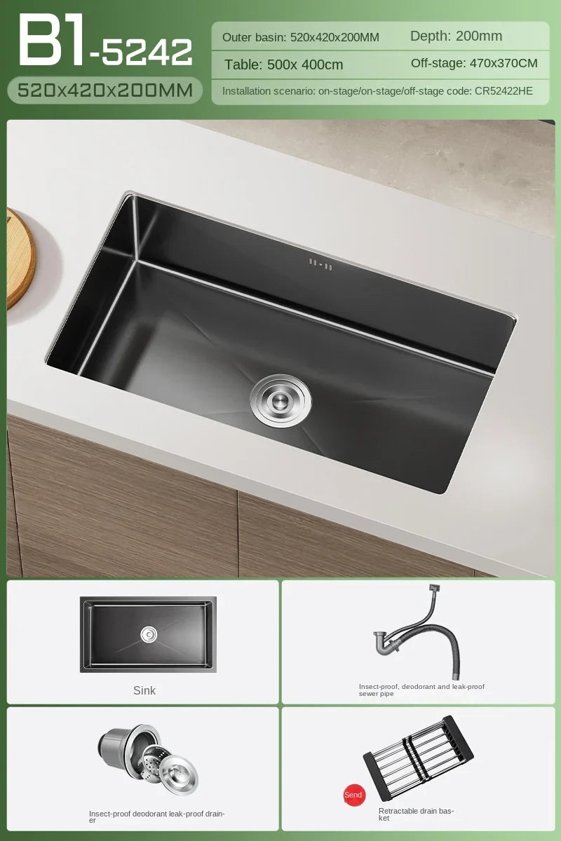 Luxus-Wasserfall-Küchenspüle – Schwarzer Edelstahl | Einzelkugel | Unterbau | Inklusive Wasserhahn und Seifenspender