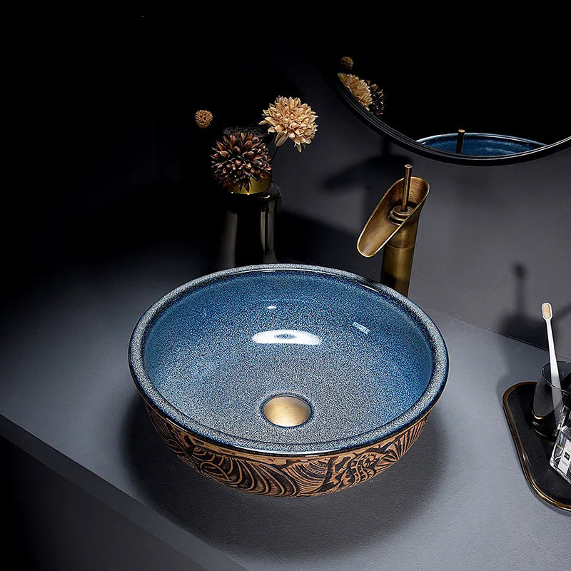 Rundes Waschbecken mit Wasserhahn Keramik Oval
