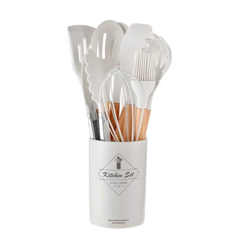 ChefEase – 12-teiliges Silikon-Kochutensilien-Set mit Holzgriffen