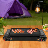 CampingFlamme Doppelkocher – Tragbarer 2-Flammen-Gaskocher mit Piezozündung | 2.5 kW & Butan-/Flüssiggasbetrieb | Mit Grillplatte und Transportkoffer