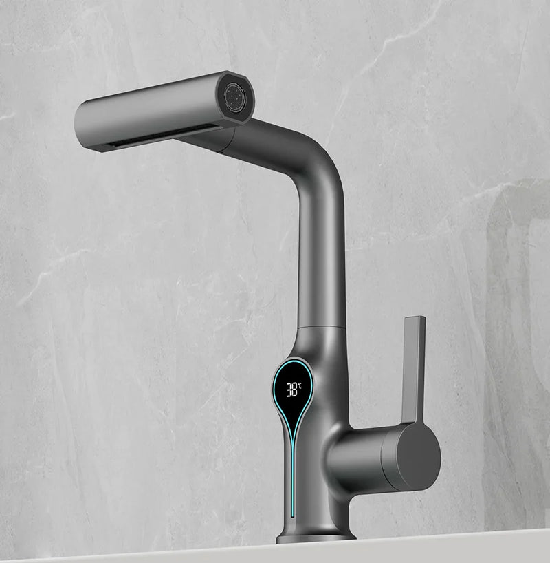 AquaGlow Wasserfall-Waschtischarmatur mit digitaler Temperaturanzeige