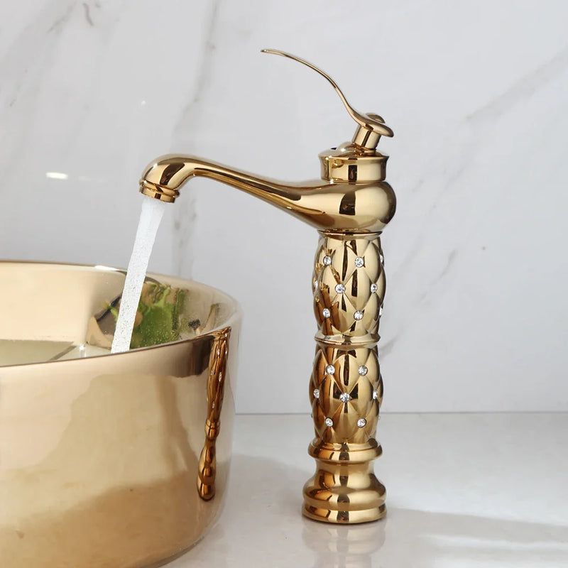 Luxuriöses handbemaltes Keramikwaschbecken mit goldenem Wasserhahn – rund | Tischmodell | Inklusive Pop-Up-Ablauf