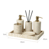 TraveraStone Luxury Travertin Badezimmer-Accessoires Set – Elegantes Naturstein Bad-Set mit Seifenspender, Zahnbürstenhalter & Tablett