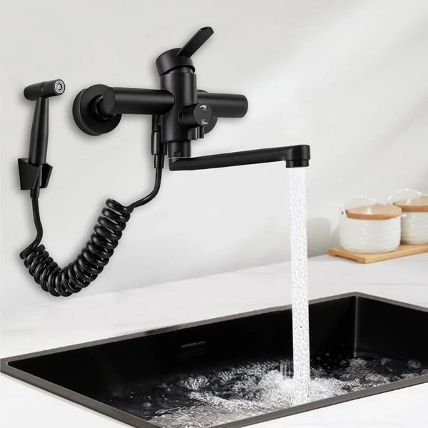AquaFlex Wandarmatur mit Seitensprühkopf – 360° Drehbarer Küchenhahn aus Gebürstetem Edelstahl
