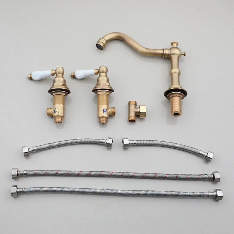 AquaVintage 3-Loch Wasserfall Waschbeckenarmatur – Klassischer Stil in Antik Messing