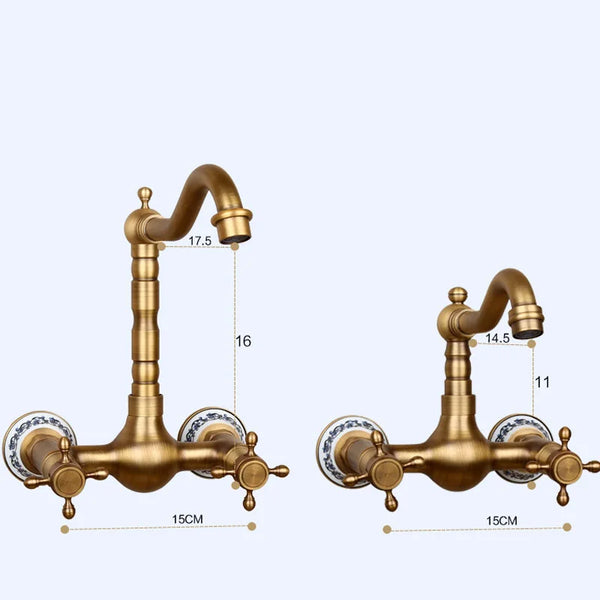 Wandmontierter Wasserhahn für Küche und Bad - Antikmessing | Heiß- und Kaltwasser