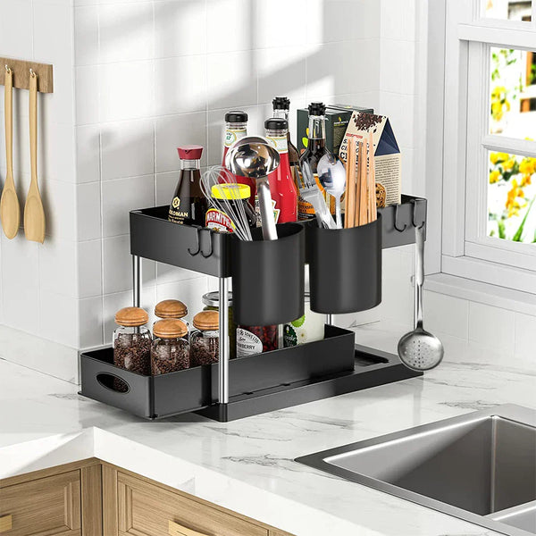 SlideEase 2-stufiger Organizer – Ausziehbarer Untergiebel-Organizer mit Korb, Haken und Bechersystem