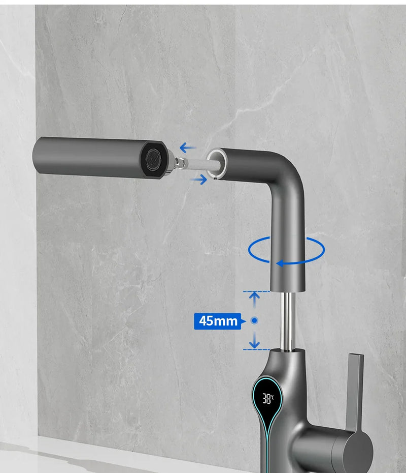 AquaGlow Wasserfall-Waschtischarmatur mit digitaler Temperaturanzeige