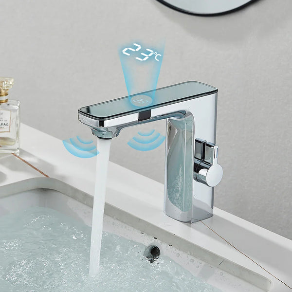 Weißer Smart Sensor Waschtischarmatur mit Digitalanzeige – Berührungsloser Mischer | Warm- und Kaltwasser | Für Badezimmer