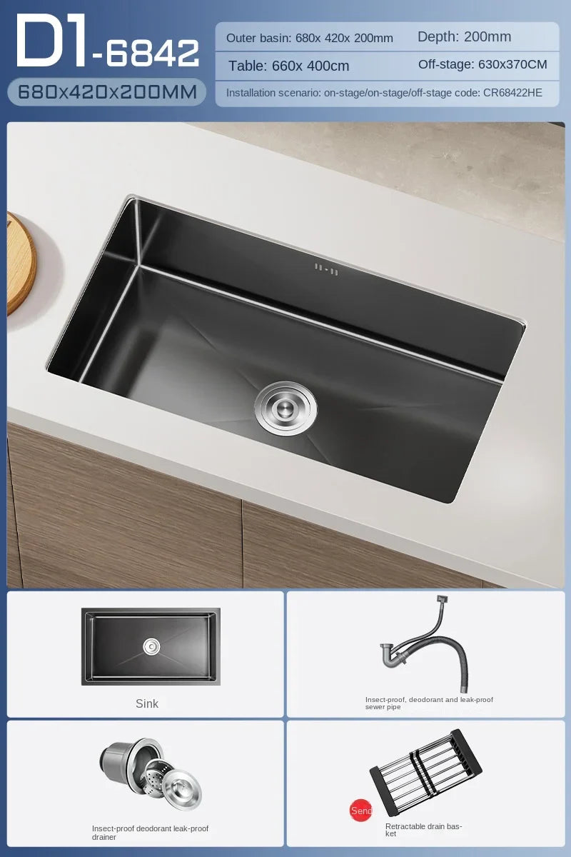 Luxus-Wasserfall-Küchenspüle – Schwarzer Edelstahl | Einzelkugel | Unterbau | Inklusive Wasserhahn und Seifenspender