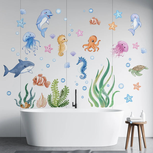 SeaWorld Wandtattoos Unterwasserwelt – Meerestiere Kinderzimmer Aufkleber mit Schildkröte, Delfin & Fisch