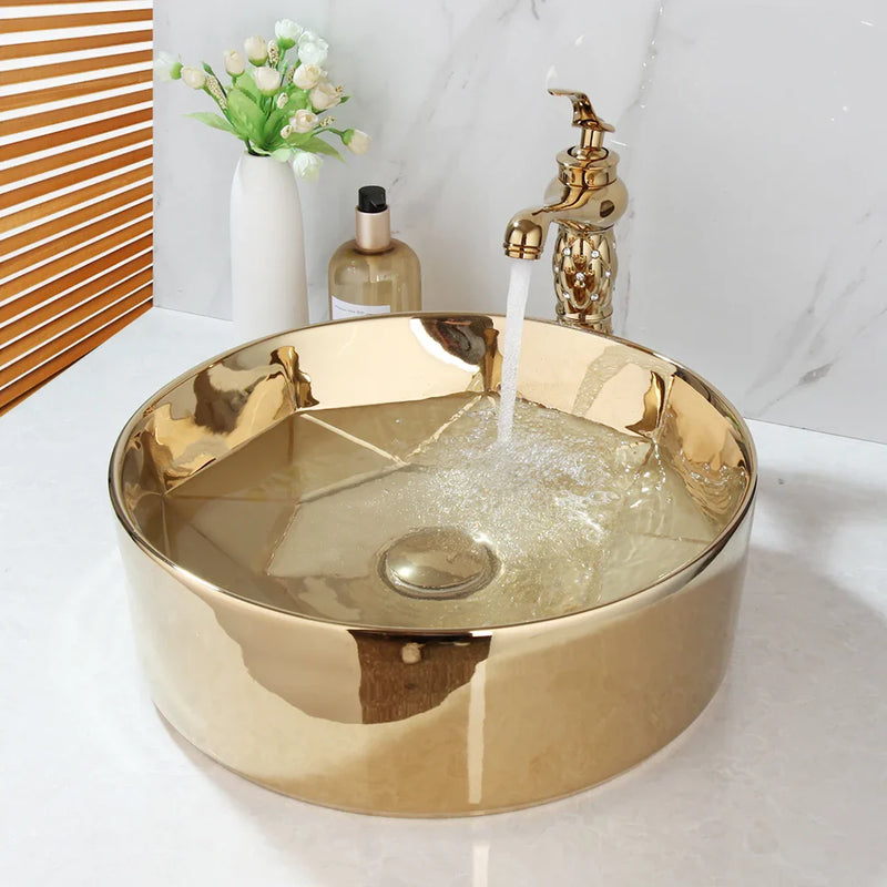 Luxuriöses handbemaltes Keramikwaschbecken mit goldenem Wasserhahn – rund | Tischmodell | Inklusive Pop-Up-Ablauf