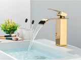 GoldCascade Waschtischarmatur – Gebürstete Goldarmatur für Waschbecken | Eleganter Wasserfallauslauf | Einhebel-Mischbatterie aus Edelstahl