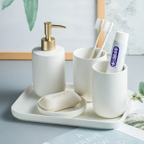 ScandiLuxe Skandinavisches Badezimmer-Set – 4-teiliges Keramik-Waschset mit Zahnputzbecher