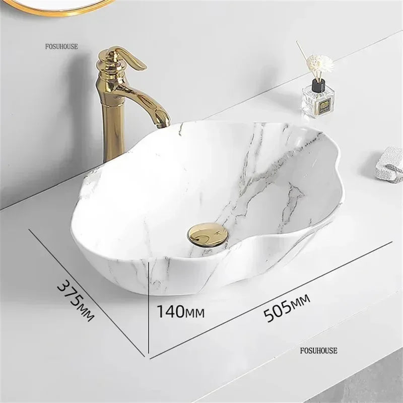 Ovales Keramikwaschbecken mit Marmormuster – Tischmodell | Leichtes Luxusdesign | 12L