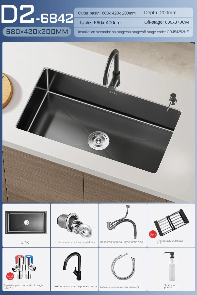 Luxus-Wasserfall-Küchenspüle – Schwarzer Edelstahl | Einzelkugel | Unterbau | Inklusive Wasserhahn und Seifenspender