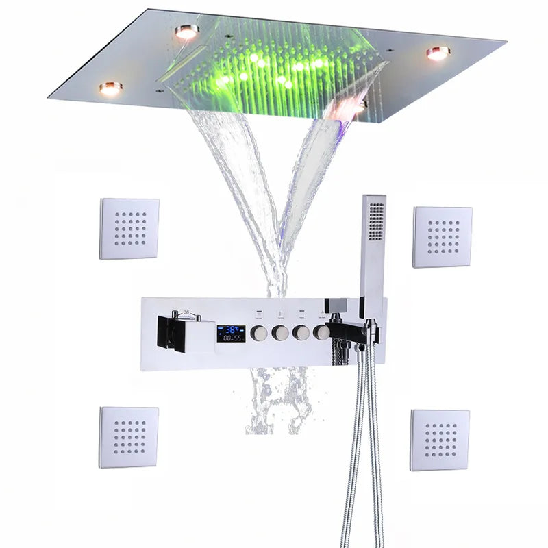 Thermostat-Duscharmatur mit LED-Anzeige – Integrierte Smart-Funktion | Quadratischer Duschstrahl | Messing | Schwarz